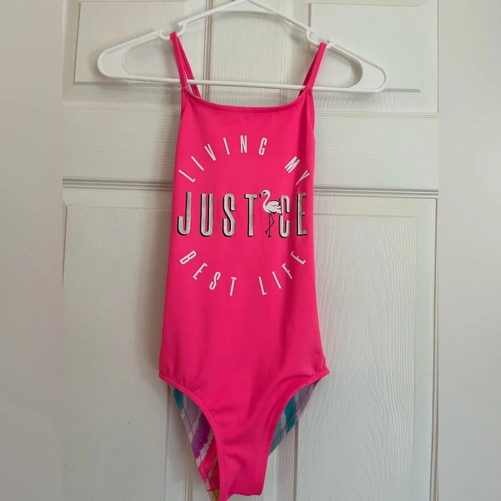 Girls Bright Pink & Rainbow Stripe Reversible Justice Swim Suit Sz 10/12